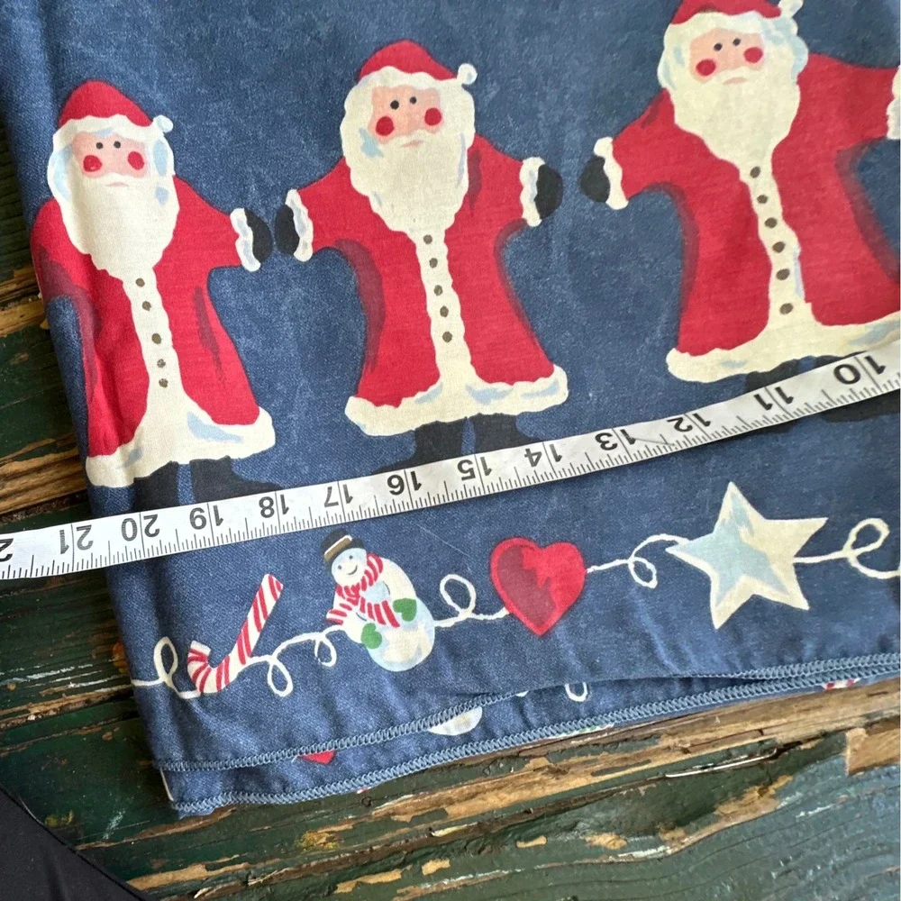 Vintage Christmas Santa Snowman Blue Table Runner Folk Art Holiday Decor